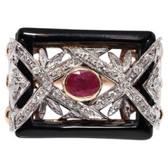 Antique Circa 1900s 14k Gold Natural Diamond And Ruby And Enamel Ring
