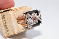Antique Circa 1900s 14k Gold Natural Diamond And Ruby And Enamel Ring