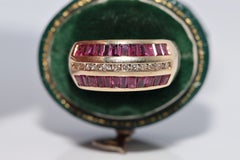 Vintage Circa 1980s 18k Gold Natural Diamond And Caliber Cut Ruby Ring