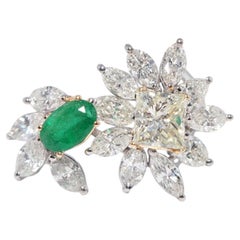 Vintage Circa 1990s 18k Gold Natural Marquise Cut Diamond And Emerald Ring