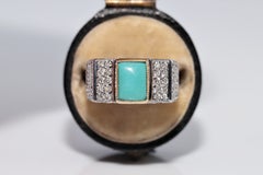 Vintage-Ring aus den 1990er Jahren, 10-karätiges Gold, aus einem Nachlass, mit natürlichen Diamanten und Türkisen verziert