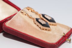 Vintage Circa 1990s 18k Gold Natural Diamond Decorated Enamel Drop Earring