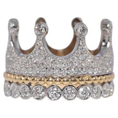 Vintage Circa 1990s 18k Gold Estate Natural Diamond Decorated Crown Design Ring