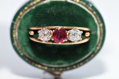 Antique Circa 1900s 18k Gold Natural Old Cut Diamond And Ruby Three Stone Ring