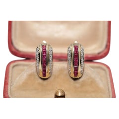 Vintage Circa 1980s 14k Gold Natural Diamond And Caliber Cut Ruby Earring