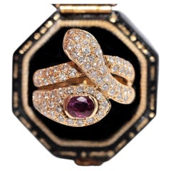 Bague vintage en forme de serpent, datant des années 1980, en or 18 carats, ornée de diamants naturels et de rubis