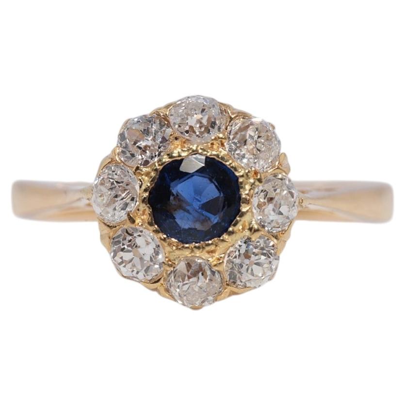 Antique Circa 1900s 18k Gold Natural Old Cut Diamond And Sapphire Ring