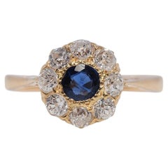 Antique Circa 1900s 18k Gold Natural Old Cut Diamond And Sapphire Ring