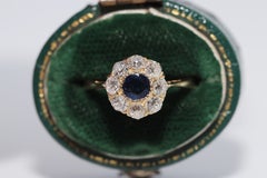 Antique Circa 1900s 18k Gold Natural Old Cut Diamond And Sapphire Ring