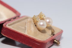 Vintage Circa 1980 Or 18k Diamant Naturel et Perle Décorée Clou d'Oreille