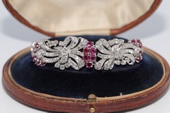 Art Nouveau Platinum Natural Diamond And Ruby Decorated Bracelet