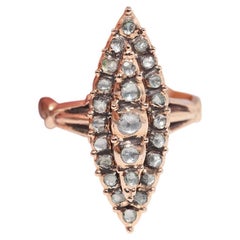 Vintage 12k Gold Natural Rose Cut Diamond Decorated Navette Ring