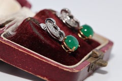Vintage 18k Gold And Platinum Natural Diamond And Cabochon Emerald Drop Earring