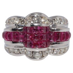Vintage Circa 1990s 18k Gold Natural Diamond And Cabochon Cut Ruby Strong Ring
