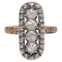 Antique Circa 1900s 18k Gold Top Silver Natural Rose Cut Diamond Navette Ring