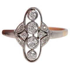 Antique Circa 1920s 14k Gold Art Deco Natural Diamond Decorated Navette Ring