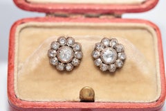 Antique Circa 1900s 14k Gold Top Silver Natural Rose Cut Diamond Stud Earring
