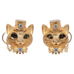Newly Made 18k Gold Natural Diamond And Enamel Cat Design Stud Earring