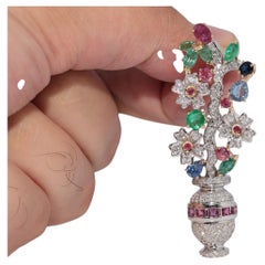 Vintage Circa 1990s 18k Gold Natural Diamond And Emerald Ruby Sapphire Brooch