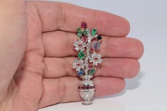 Vintage Circa 1990s 18k Gold Natural Diamond And Emerald Ruby Sapphire Brooch