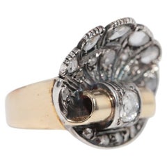 Antique Circa 1900s 14k Gold Top Silver Natural Rose Cut Diamond Decorated Ring