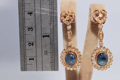 Vintage Circa 1980s 18k Gold Natural Diamond And Cabochon Sapphire Drop Earring