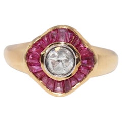 Vintage Circa 1990s 18k Gold Natural Rose Cut Diamond And Caliber Cut Ruby Ring