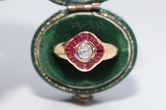 Vintage Circa 1990s 18k Gold Natural Rose Cut Diamond And Caliber Cut Ruby Ring