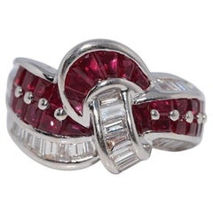 Vintage Circa 1990s 18k Gold Natural Baguette Cut Diamond And Ruby Strong Ring