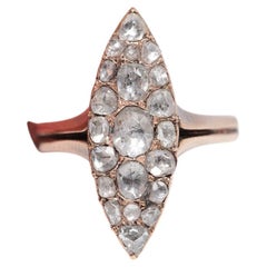 Antique Circa 1900s 10k Gold Natural Rose Cut Diamond Navette Ring