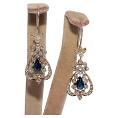 Vintage Circa 1980s 14k Gold Natural Diamond And Pear Cut Sapphire Drop Earring