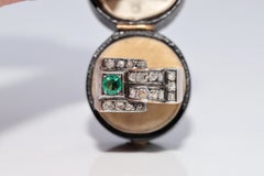 Vintage-Ring aus 14-karätigem Gold mit Silber und einem natürlichen Diamanten im Rosenschliff sowie einem Smaragd