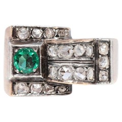 Vintage-Ring aus 14-karätigem Gold mit Silber und einem natürlichen Diamanten im Rosenschliff sowie einem Smaragd