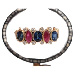 Vintage Circa 1960s 18k Gold Natural Diamond And Ruby And Sapphire Ring