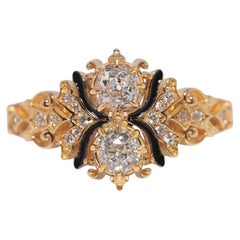 Newly Made 18k Gold Natural Old Cut Diamond And Enamel Decorated Ring
