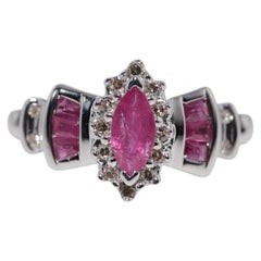 Vintage Circa 1990s 14k Gold Natural Diamond And Ruby Navette Ring