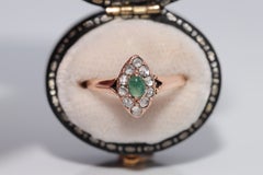 Antique Circa 1900s 14k Gold Natural Rose Cut Diamond And Cabochon Emerald Ring