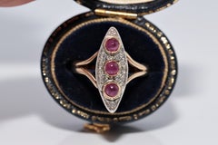 Antique Circa 1900s 18k Gold Top Silver Natural Diamond And Ruby Navette Ring