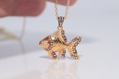 Newly Made 14k Gold Natural Diamond And Opal Decorated Fish Pendant Necklace