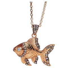 Newly Made 14k Gold Natural Diamond And Opal Decorated Fish Pendant Necklace