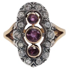 Antique Circa 1900s 18k Gold Top Silver Natural Diamond And Tourmaline Ring