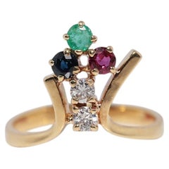 Bague vintage des années 1980 en or 18 carats, diamant naturel, émeraude, saphir, rubis et diamant