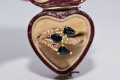 Vintage Circa 1980 Bague en or 18k diamant naturel et saphir taille poire
