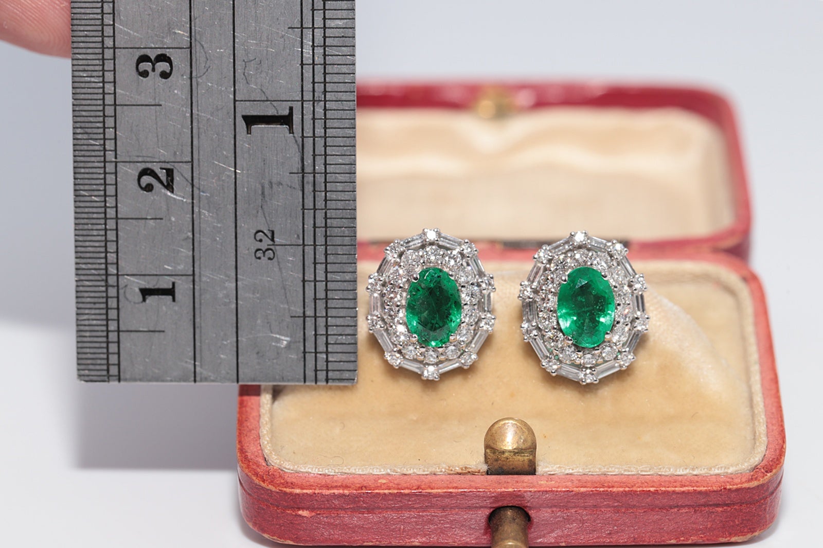 Vintage Circa 1990s 14k Gold Natural Diamond And Oval Cut Emerald Stud Earring