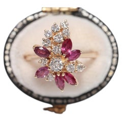 Vintage Circa 1980s 14k Gold Natural Diamond And Pear Cut Ruby Decorated Ring