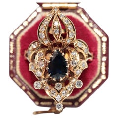 Vintage Circa 1980s 14k Gold Natural Diamond And Pear Cut Sapphire Ring