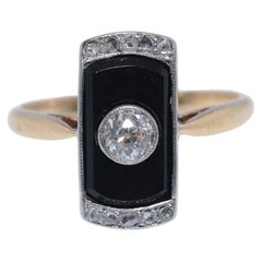 Anello antico in stile Art Déco degli anni '20, in oro 18 carati con diamanti naturali e onice