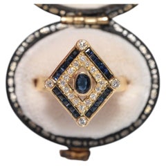 Anello Navette con diamanti naturali e zaffiri in oro 18 carati, vintage, circa anni '80