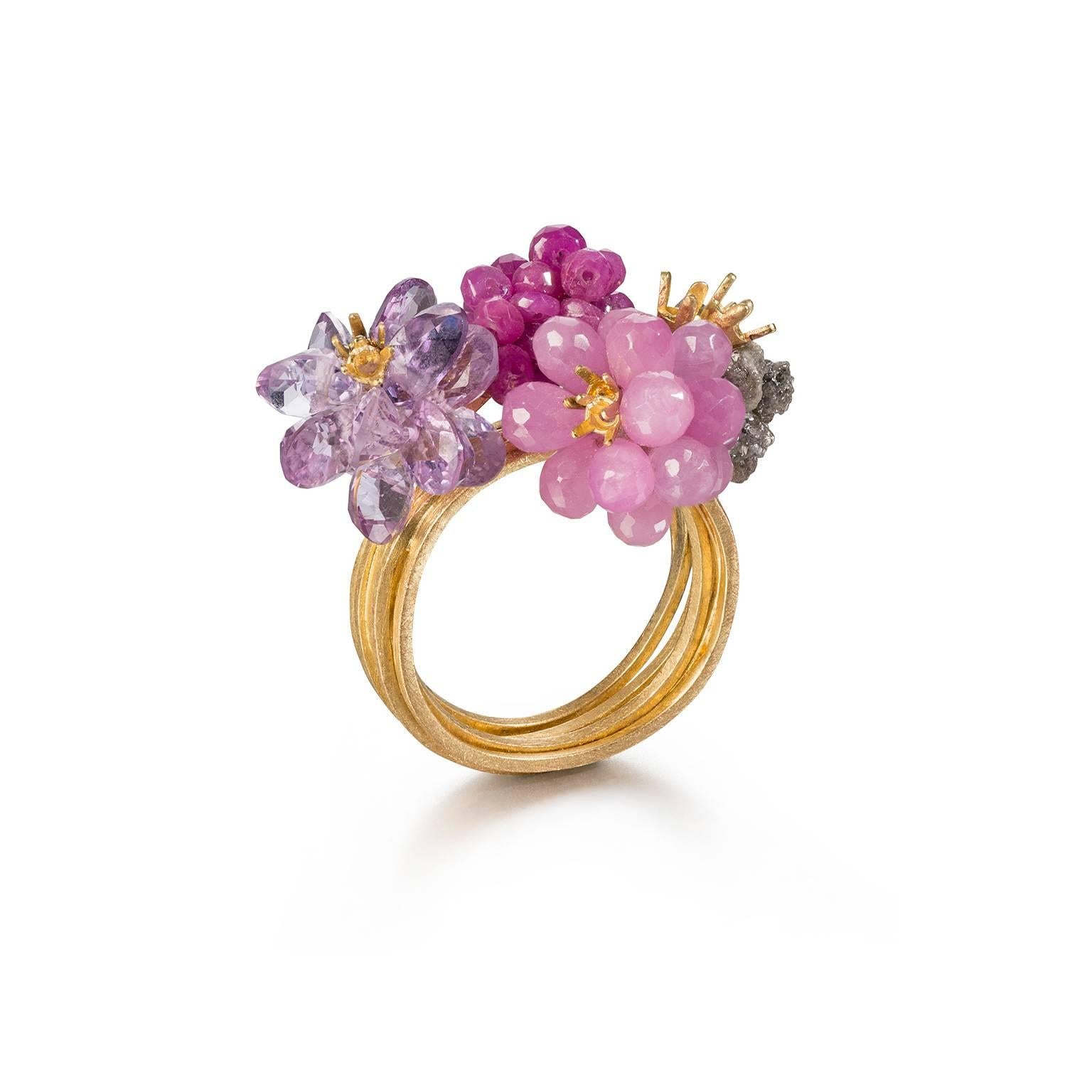 Donna Brennan Ruby Pink Tourmaline Amethyst Diamond Gold Ring In New Condition For Sale In London, GB