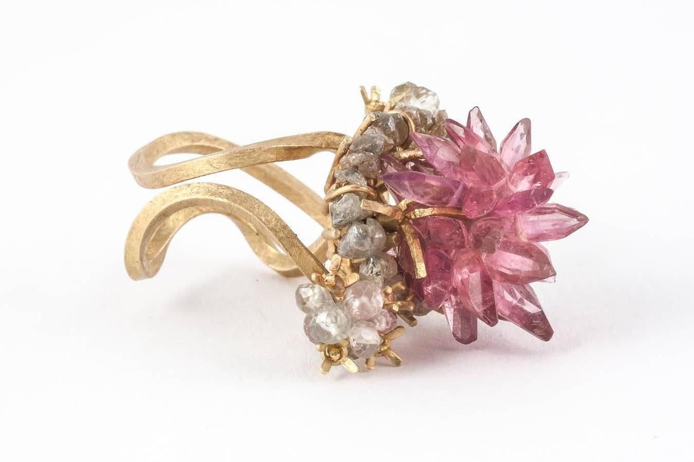 Donna Brennan Pink Tourmaline Sapphire Rough Diamond Gold Ring In New Condition For Sale In London, GB